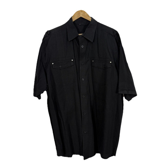 Straight Faded Short Sleeve Button Down Camp Shirt 3X Black Epaulet Pockets - Picture 3 of 7